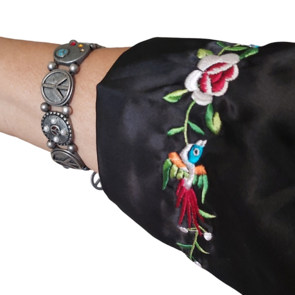 Vintage Embroidered Black Silk Satin Floral Birds Cocktail Jacket Women's Sz M - Picture 14 of 17